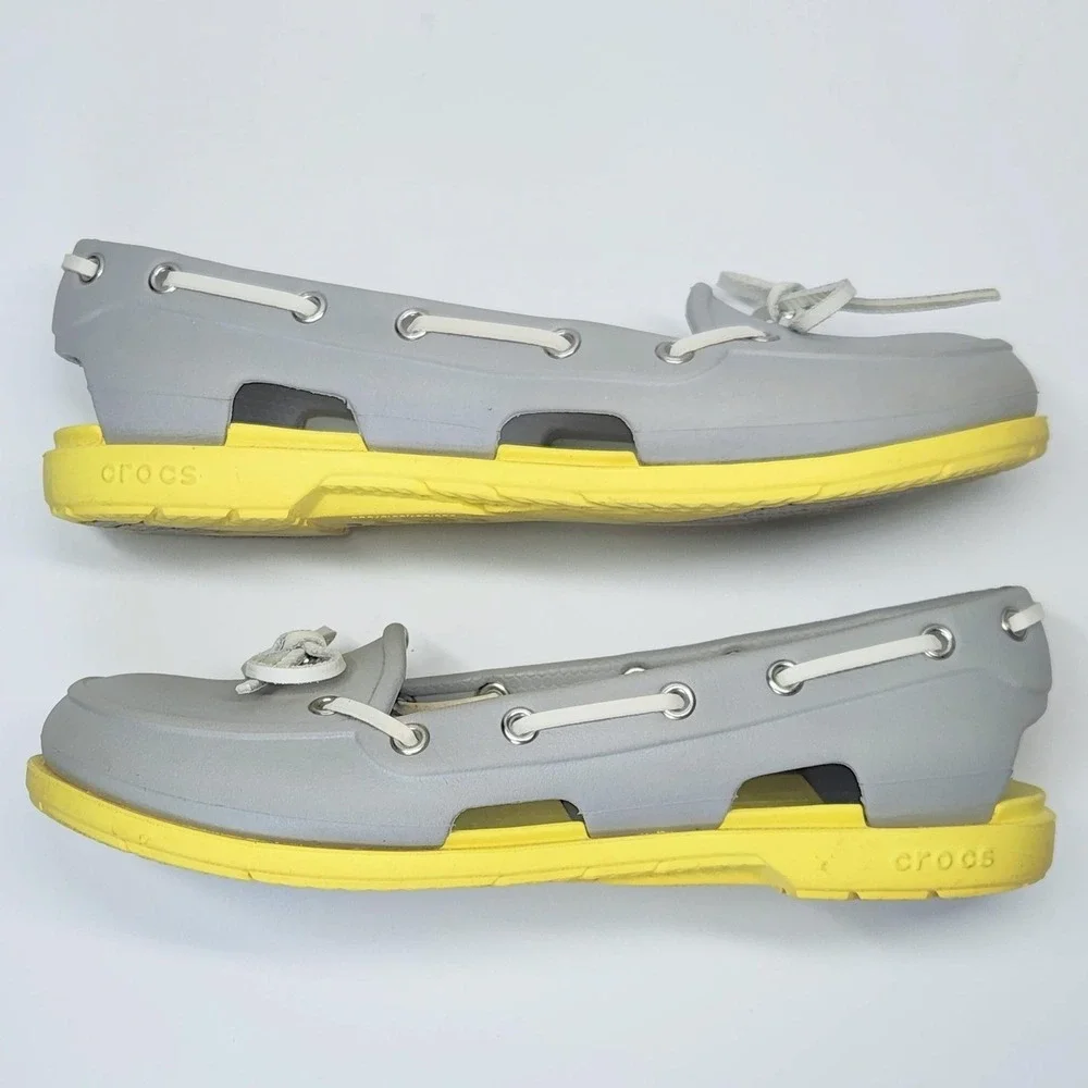 Crocs A-Leigh Boat Shoes Womens Size 7 Gray Yellow Slip On Comfort Flats 14261